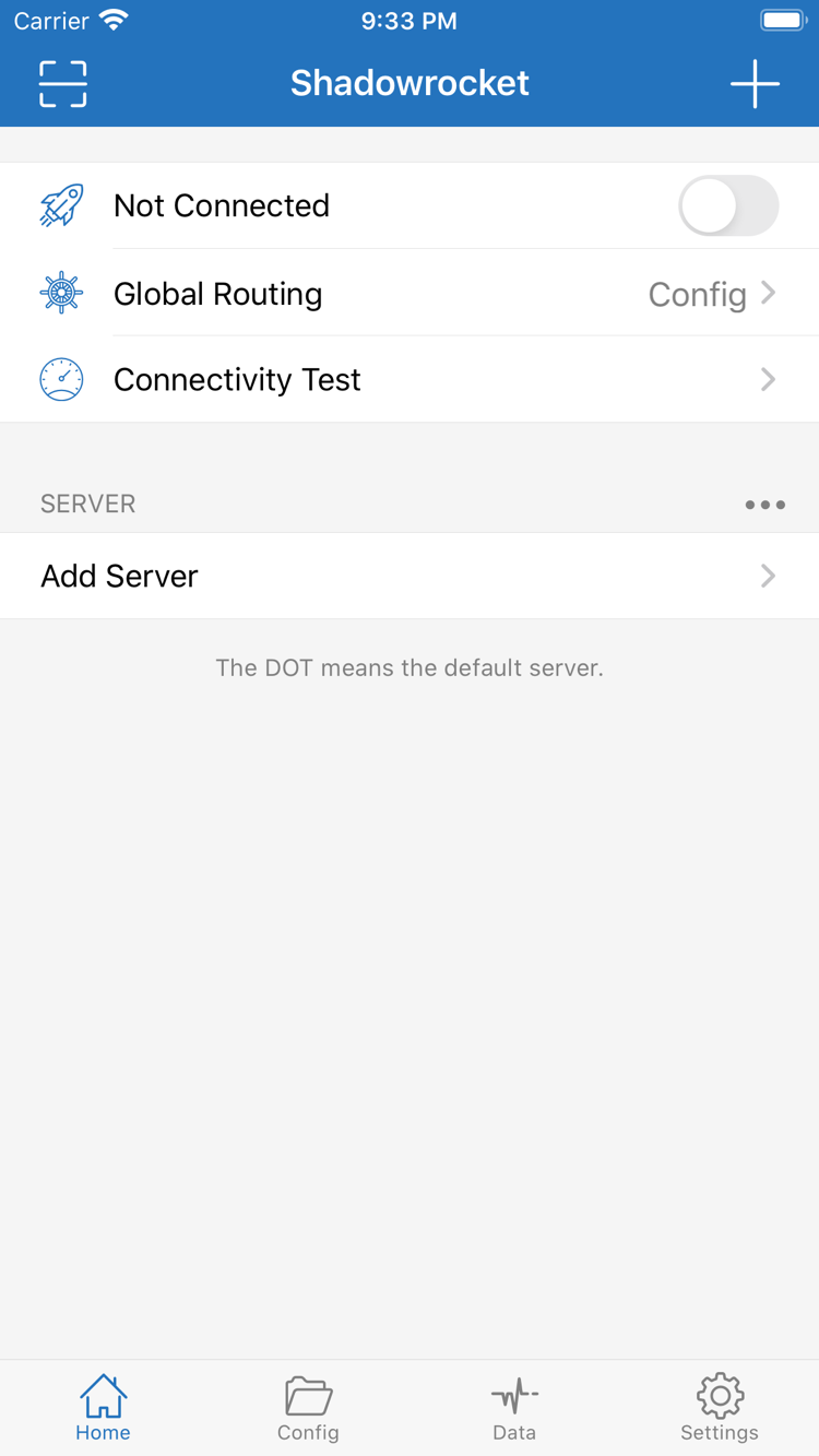 ShadowrocketのHome画面の公式スクリーンショット。Not Connectedのスイッチ、Global Routing、Connectivity Test、SERVERグループ、Add Serverを表示