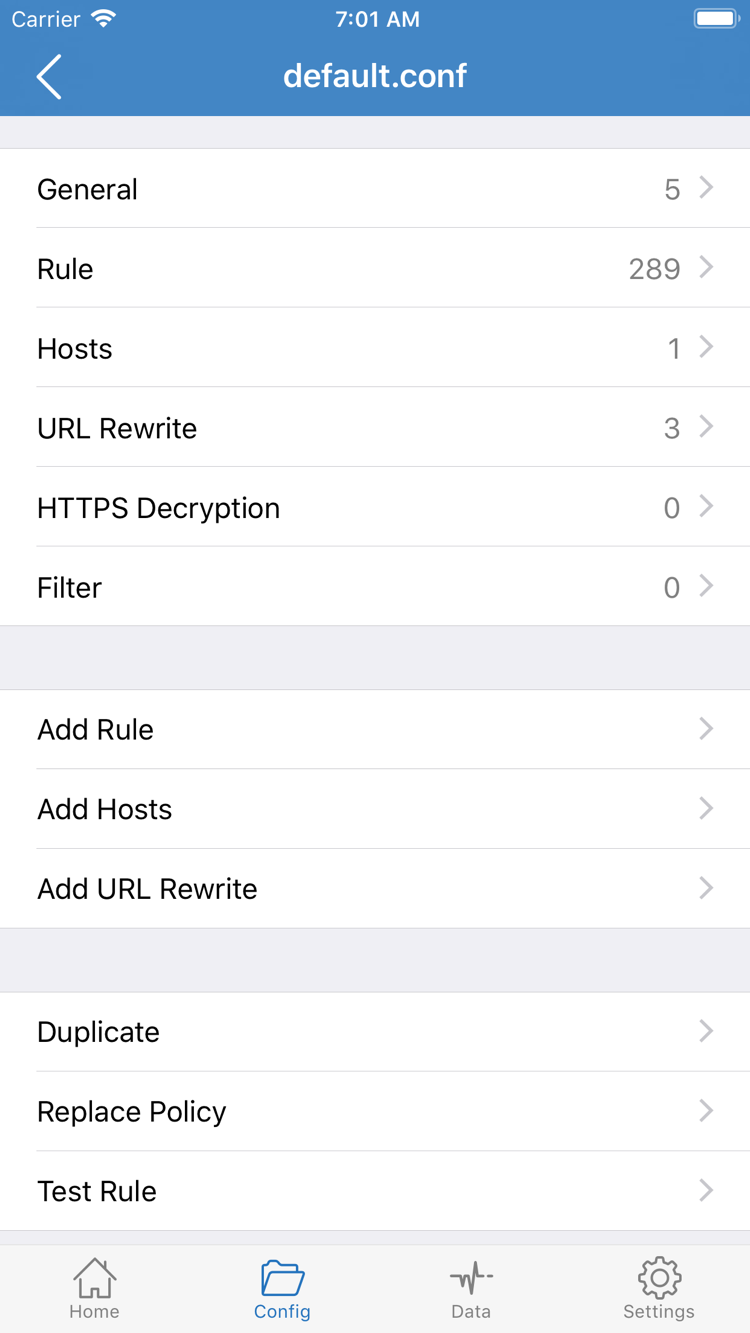 ShadowrocketのConfig設定ファイル編集画面の公式スクリーンショット。General、Rule、Hosts、URL Rewrite、HTTPS Decryption、Add Ruleを表示