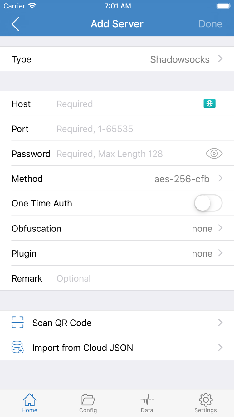 ShadowrocketのAdd Server公式スクリーンショット。Type、Host、Port、Password、Method、Scan QR Code、Import from Cloud JSONを表示